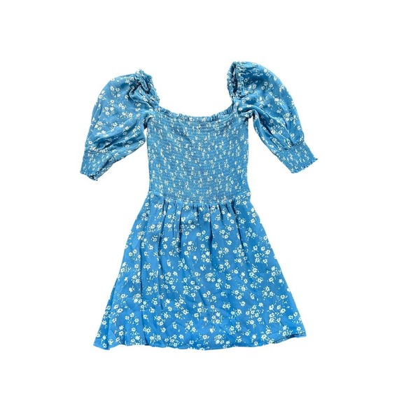 Reformation Elle Blue Floral Smocked Puff Sleeve Square Neck Mini Dress Size 2 - Picture 4 of 10